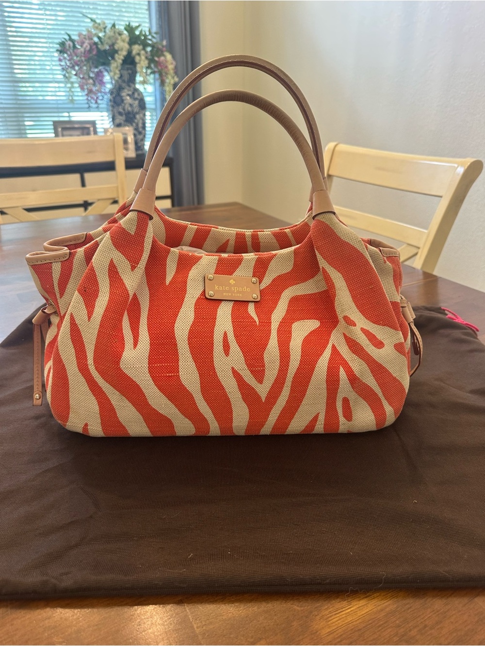 kate spade “Karen” Orange and Cream Zebra-Print Tote